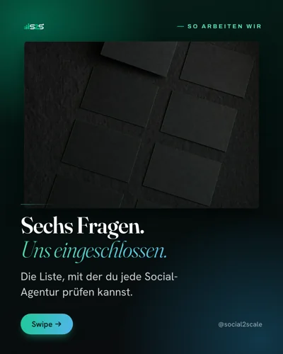 Post by @social2scale, in German: Six questions. Us included.
